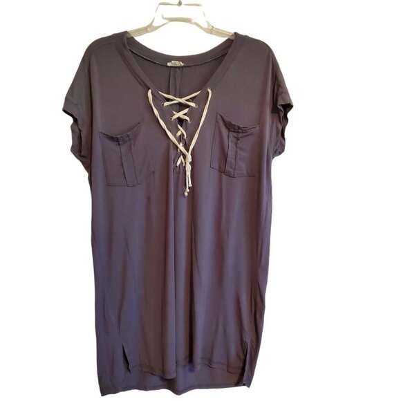 POL Long Tunic V- Neck Charcoal Gray Rayon Spandex Blend Short Sleeve Medium - Picture 1 of 13